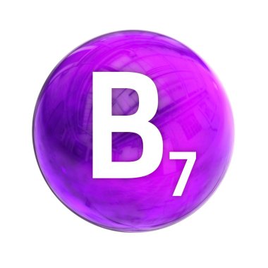 Sağlık hizmetleri eczanesi için B7 vitamini molekülü. B7 vitamininin parlak sembolü. Biyotin. Vitamin ikonu. 3B görüntüleme