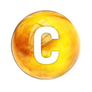 Sağlık hizmetleri eczanesi için C vitamini molekülü. C vitamininin parlak sembolü. Ascorbic asit. Vitamin ikonu. 3B görüntüleme