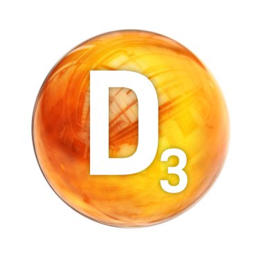 Sağlık hizmetleri eczanesi için D3 vitamini molekülü. D3 vitamininin parlak sembolü. Vitamin ikonu. 3B görüntüleme