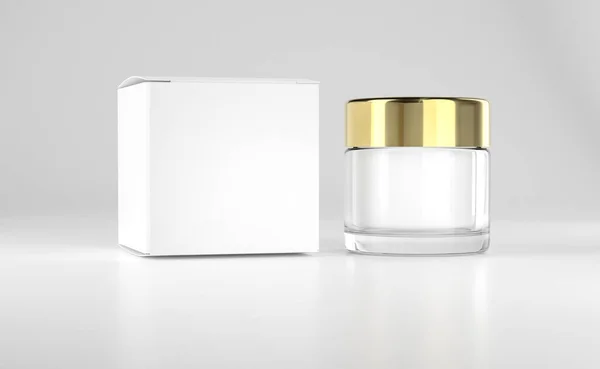 Face cream pot, glass container. Realistic packaging mockup template with golden cap and white box. Isolated on white.