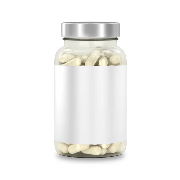 Γυάλινο Βάζο Επισήμανση Φαρμάκων Φιάλη Καψακίων Συμπληρώματος Που Απομονώνονται Λευκό — Φωτογραφία Αρχείου