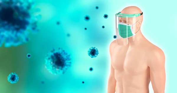 Surgical mask and face shield protection against viruses and bacterias. Humans shield against the coronavirus. Covid-19 concept. 3d Rendering.