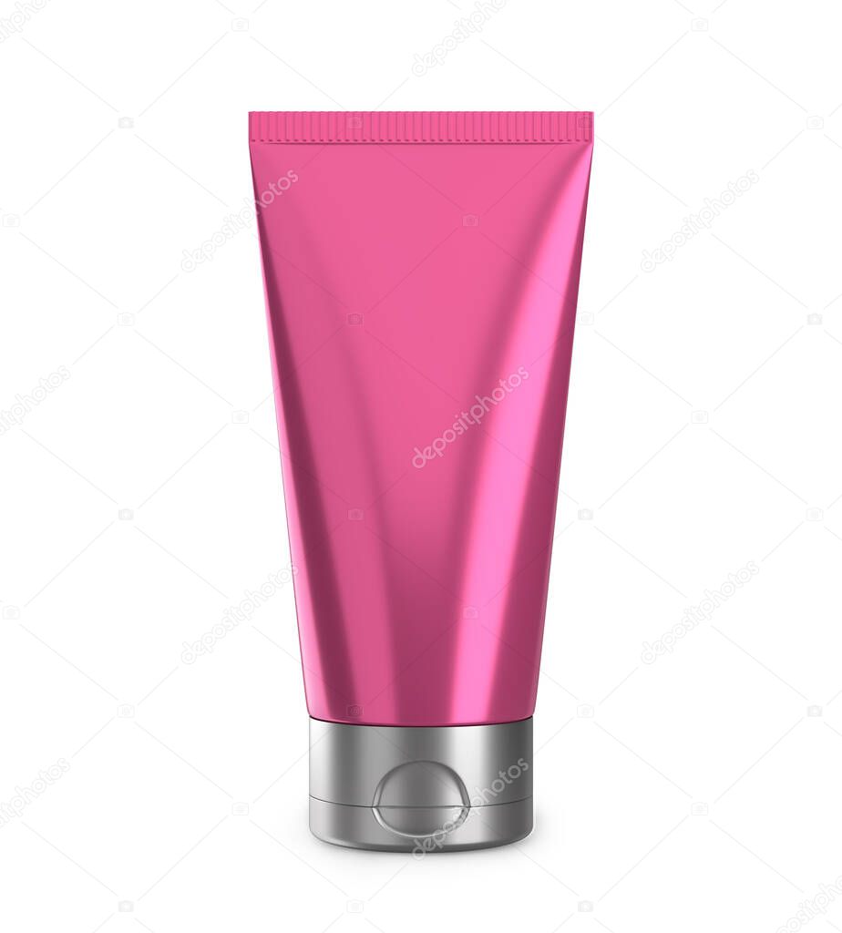 Pink cream or lotion tube isolated on white. Plastic blank mockup container for gel, lotion.cosmetics etc.