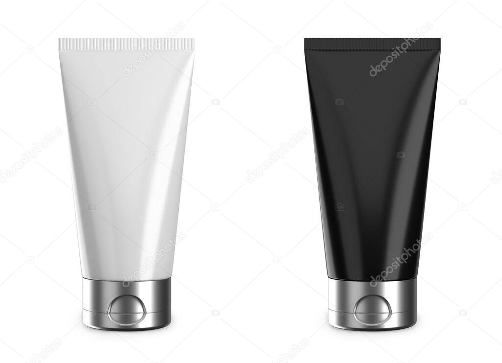Black and white cream or lotion tube isolated on white. Plastic blank mockup container for gel, lotion.cosmetics etc. Silver cap