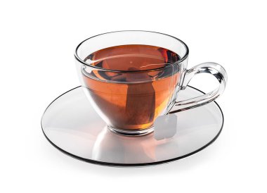 Beyaz arka planda izole edilmiş bir fincan çay. Çay poşetli cam bardak. Siyah, kahverengi sıcak çay. 3d oluşturma.