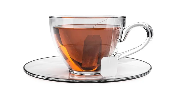 Tasse Schwarzer Tee Isoliert Auf Weißem Hintergrund Glasbecher Mit Teebeutel — Stockfoto