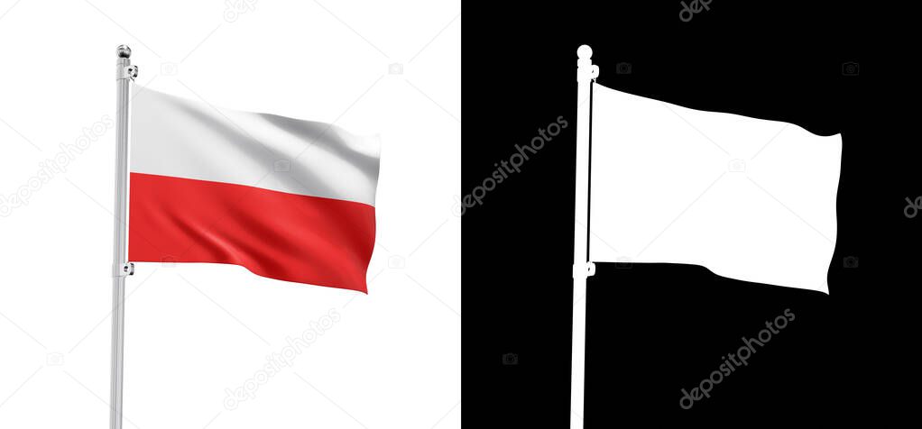 Polish flag on pole. Symbol of Poland isolated on white background. 