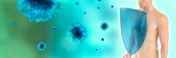 Immune system of human, protection against viruses and bacterias. Humans shield against the coronavirus. Immune defense fights with viruses. Covid-19. 3d rendering.