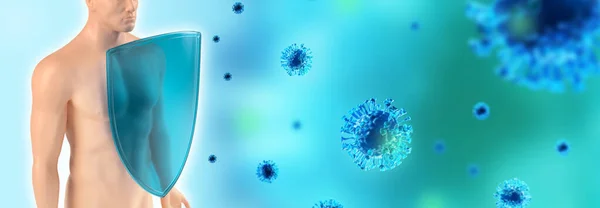 Immune system of human, protection against viruses and bacterias. Humans shield against the coronavirus. Immune defense fights with viruses. Covid-19. 3d rendering. Panoramic image.