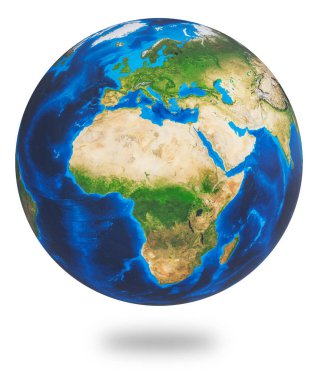 Afrika ve Avrupa, iki Dünya kıtası. Dünya beyaz arka planda izole edilmiş. Dünya gezegeni küresi. 