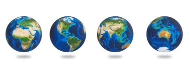 Afrika, Asya, Avrupa, Amerika, Avustralya, Dünya kıtaları. Dünya beyaz arka planda izole edildi. Dünya gezegeni küreleri. 