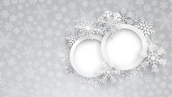 Рождественский фон с двумя круглыми рамками и снежинками — стоковый вектор