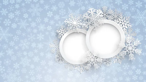 Kerstmis achtergrond met twee ronde frames en sneeuwvlokken — Stockvector