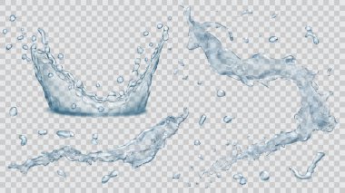 Water splashes, water drops and crown from splash of water. Tran clipart