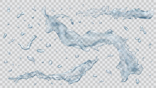 Water splashes and water drops. Transparency only in vector file