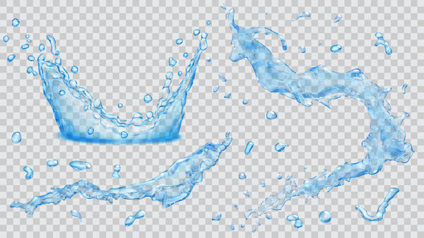 Water splashes, water drops and crown from splash of water. Tran