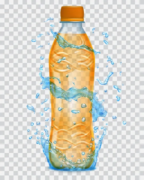 Прозрачная вода брызгает голубыми красками вокруг пластиковой бутылки с апельсиновым соком — стоковый вектор