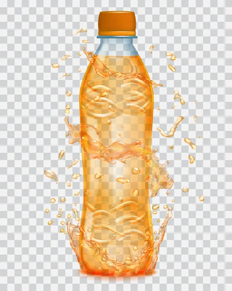 Salpicaduras de agua transparentes en colores naranja alrededor de una botella de plástico con jugo de naranja — Archivo Imágenes Vectoriales