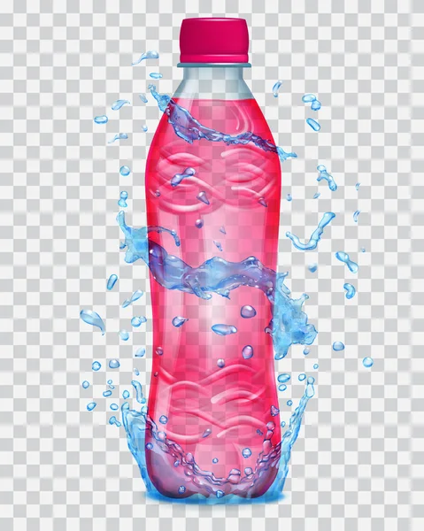 Прозрачная вода брызгает голубыми цветами вокруг пластиковой бутылки с красным соком — стоковый вектор