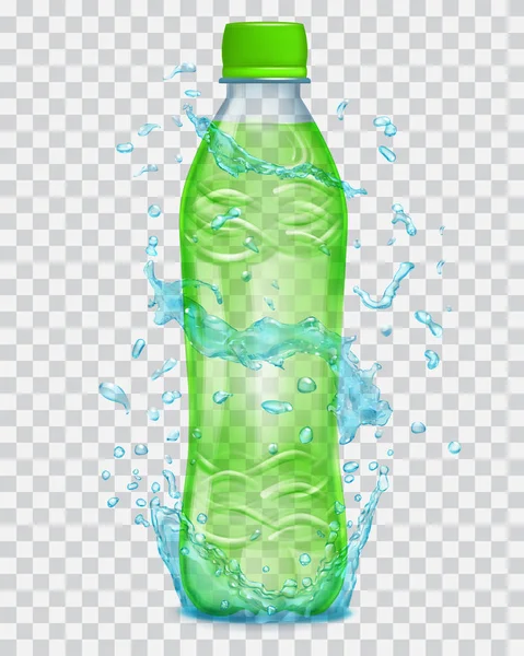 Salpicaduras de agua transparente en colores azules alrededor de una botella de plástico con jugo verde — Archivo Imágenes Vectoriales