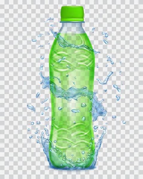 Прозрачная вода брызгает голубыми красками вокруг пластиковой бутылки с зеленым соком — стоковый вектор