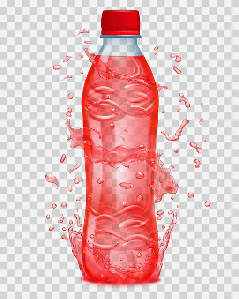 Прозрачная вода брызгает красным цветом вокруг пластиковой бутылки с красным соком — стоковый вектор