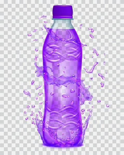 Прозрачная вода брызгает фиолетовыми красками вокруг пластиковой бутылки с фиолетовым соком — стоковый вектор