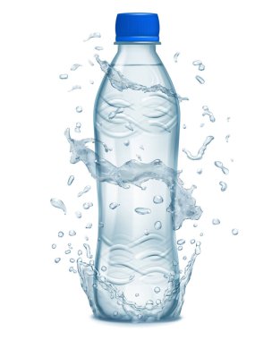 Bir plastik şişe etrafında ışık mavi renklerde su sıçramalarına