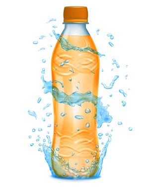 Bir plastik şişe ile çevresinde ışık mavi renklerde su sıçramalarına