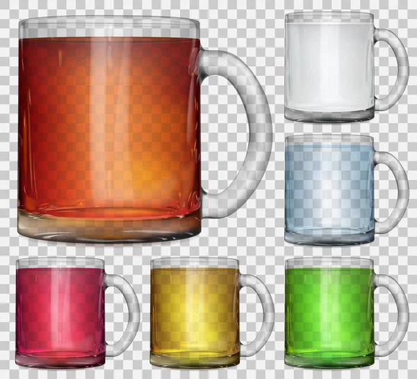 Conjunto de copos de vidro transparente com bebidas multicoloridas —  Vetores de Stock