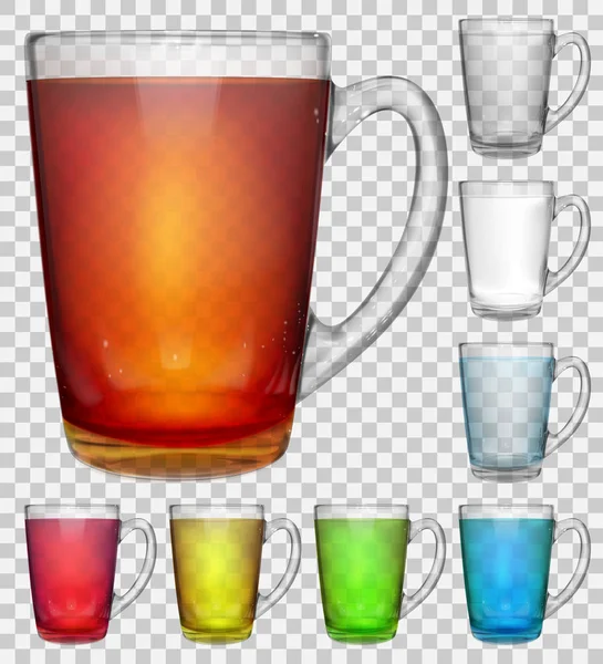 Conjunto de copos de vidro transparente com bebidas multicoloridas —  Vetores de Stock