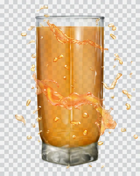 El agua salpica en colores anaranjados alrededor de un vaso transparente con jugo de naranja — Archivo Imágenes Vectoriales