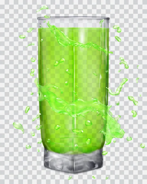 Water splashes in green colors around a transparent glass with green juice — Stock Vector