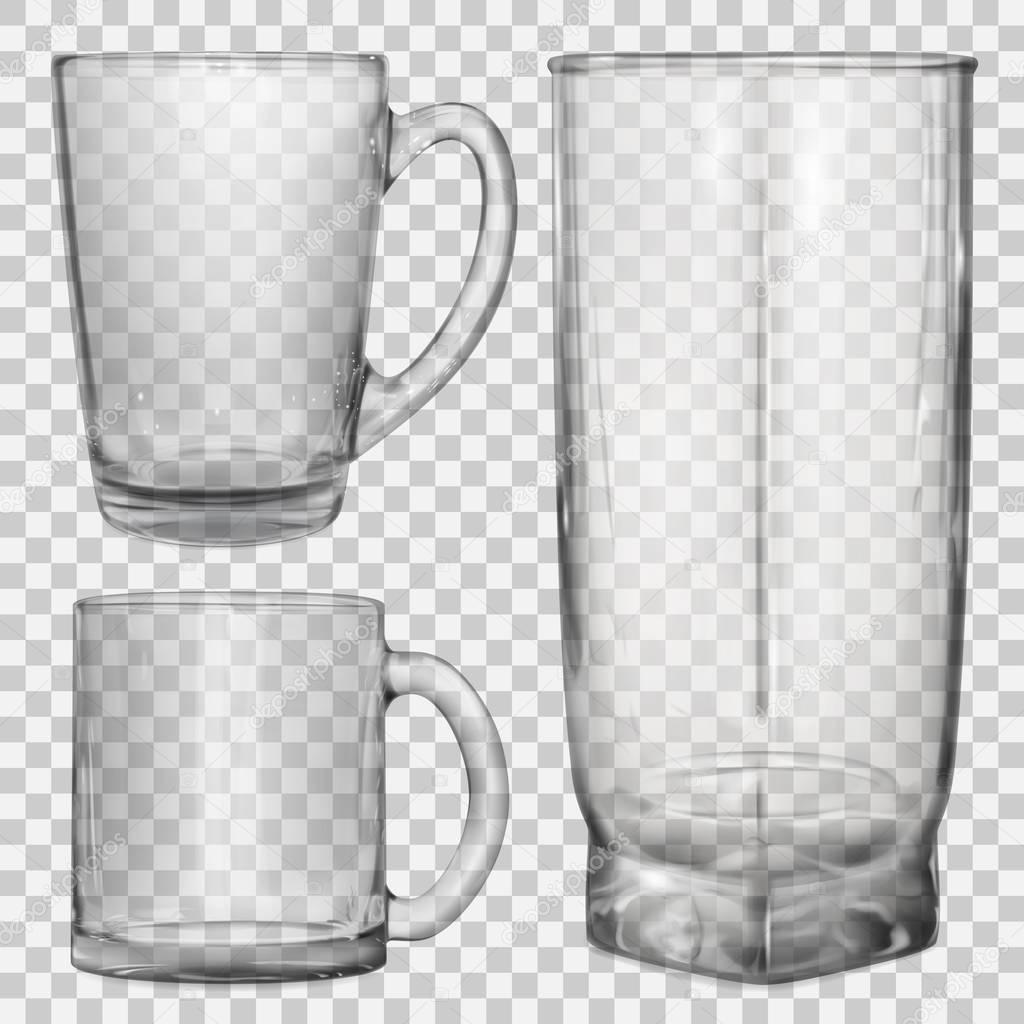 Two transparent glass cups and one glass for juice