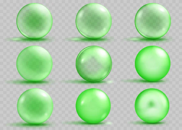 Ensemble de sphères vertes transparentes et opaques avec ombres — Image vectorielle