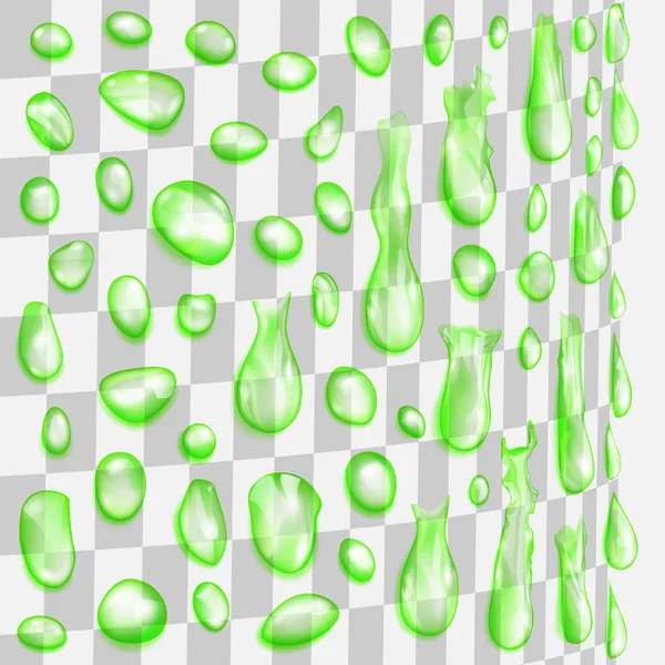 Transparent grön droppar rinner längs en cylindrisk yta — Stock vektor