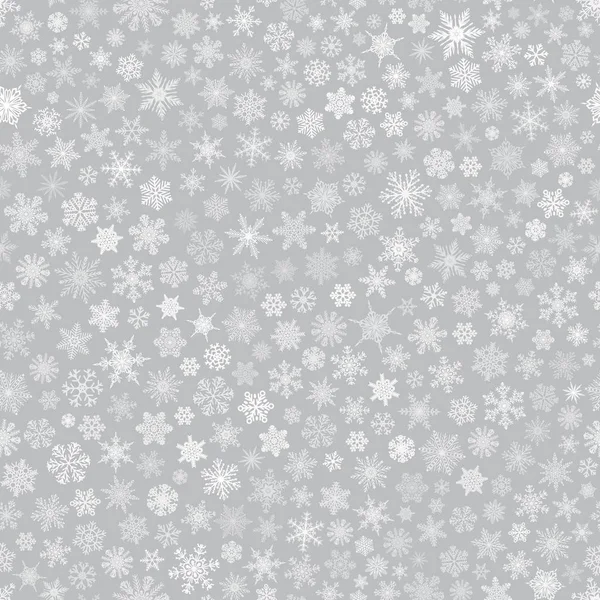 Patrón sin costuras de copos de nieve, blanco sobre gris — Vector de stock