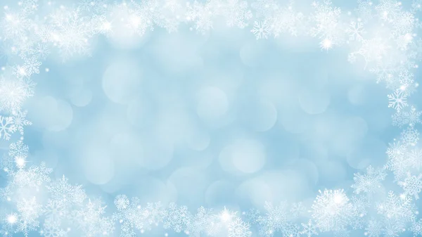 Fondo de Navidad con marco de copos de nieve y efecto bokeh — Archivo Imágenes Vectoriales