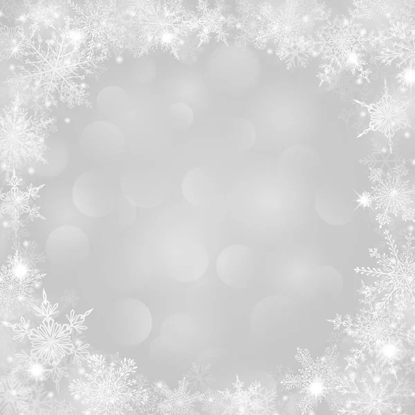 Fondo de Navidad con marco de copos de nieve y efecto bokeh — Archivo Imágenes Vectoriales