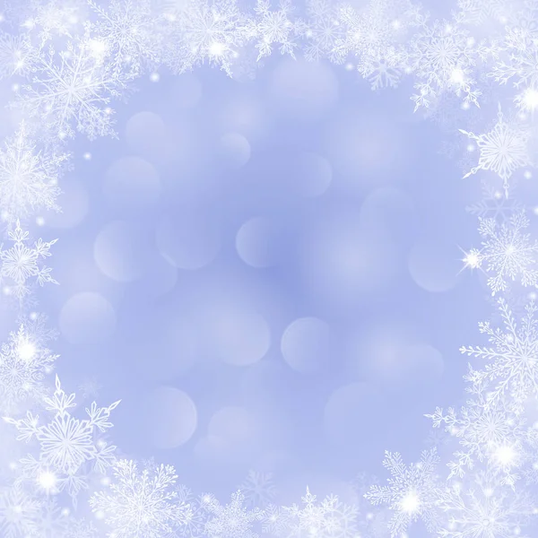 Fondo de Navidad con marco de copos de nieve y efecto bokeh — Archivo Imágenes Vectoriales