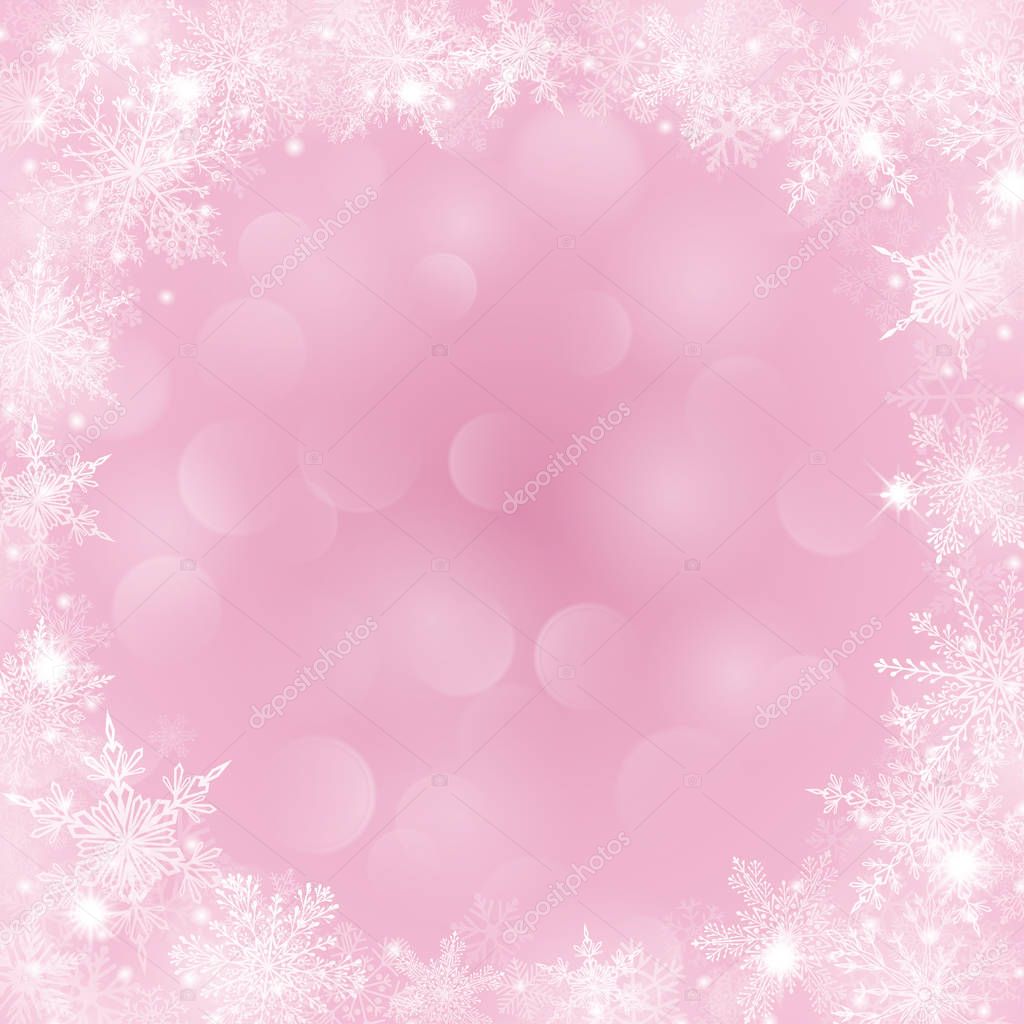Christmas background with frame of snowflakes and bokeh effect