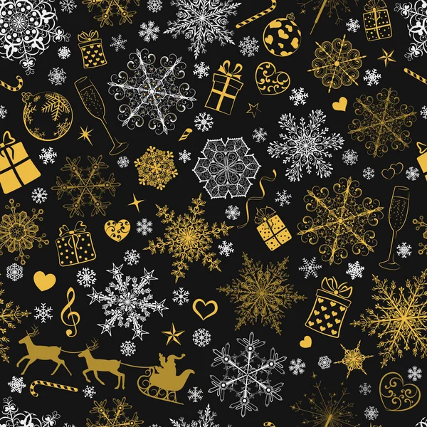 Nahtloses Muster aus Schneeflocken und Weihnachtssymbolen — Stockvektor