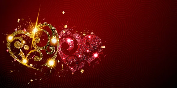 Tarjeta de San Valentín con dos corazones brillantes — Vector de stock