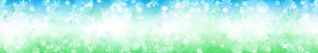 Spring horizontal banner of various flowers in green and blue colors