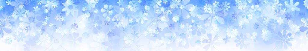 Spring horizontal banner of various flowers in light blue colors