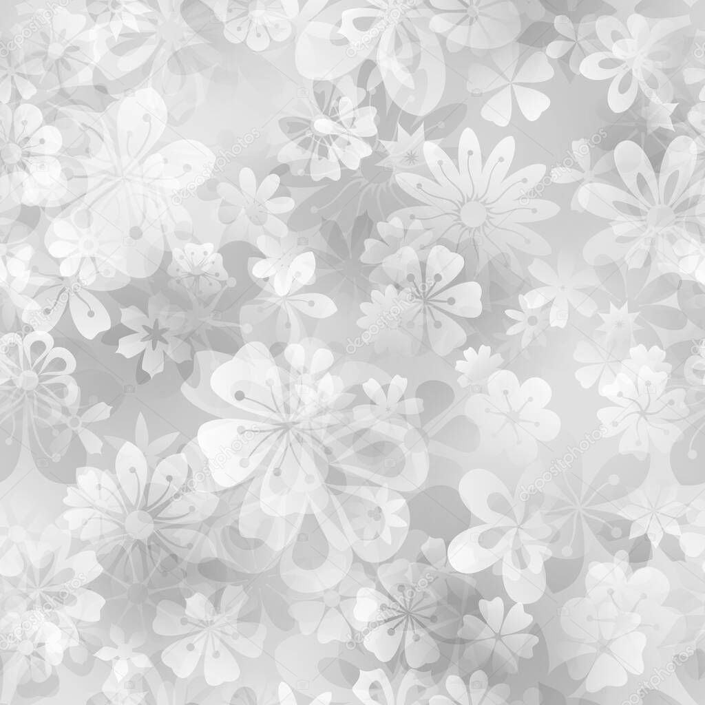 Spring seamless pattern of various flowers in white and gray colors