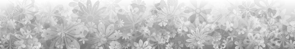 Spring banner of various flowers in white and gray colors with seamless horizontal repetition