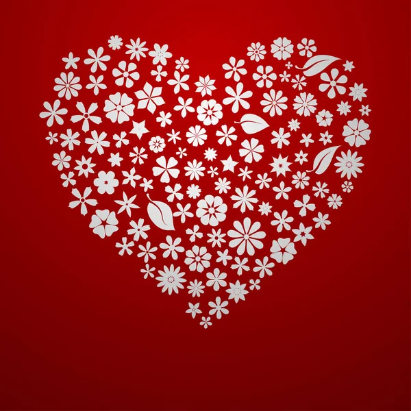 Corazón Grande Compuesto Flores Hojas Blanco Sobre Fondo Rojo — Vector de stock