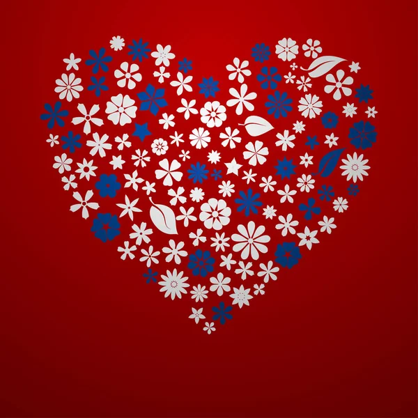 Corazón Grande Compuesto Flores Hojas Blanco Azul Sobre Fondo Rojo — Vector de stock