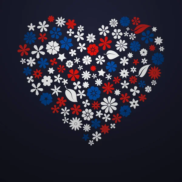 大心脏由花朵和叶子组成 黑色背景上有白色 蓝色和红色 — 图库矢量图片